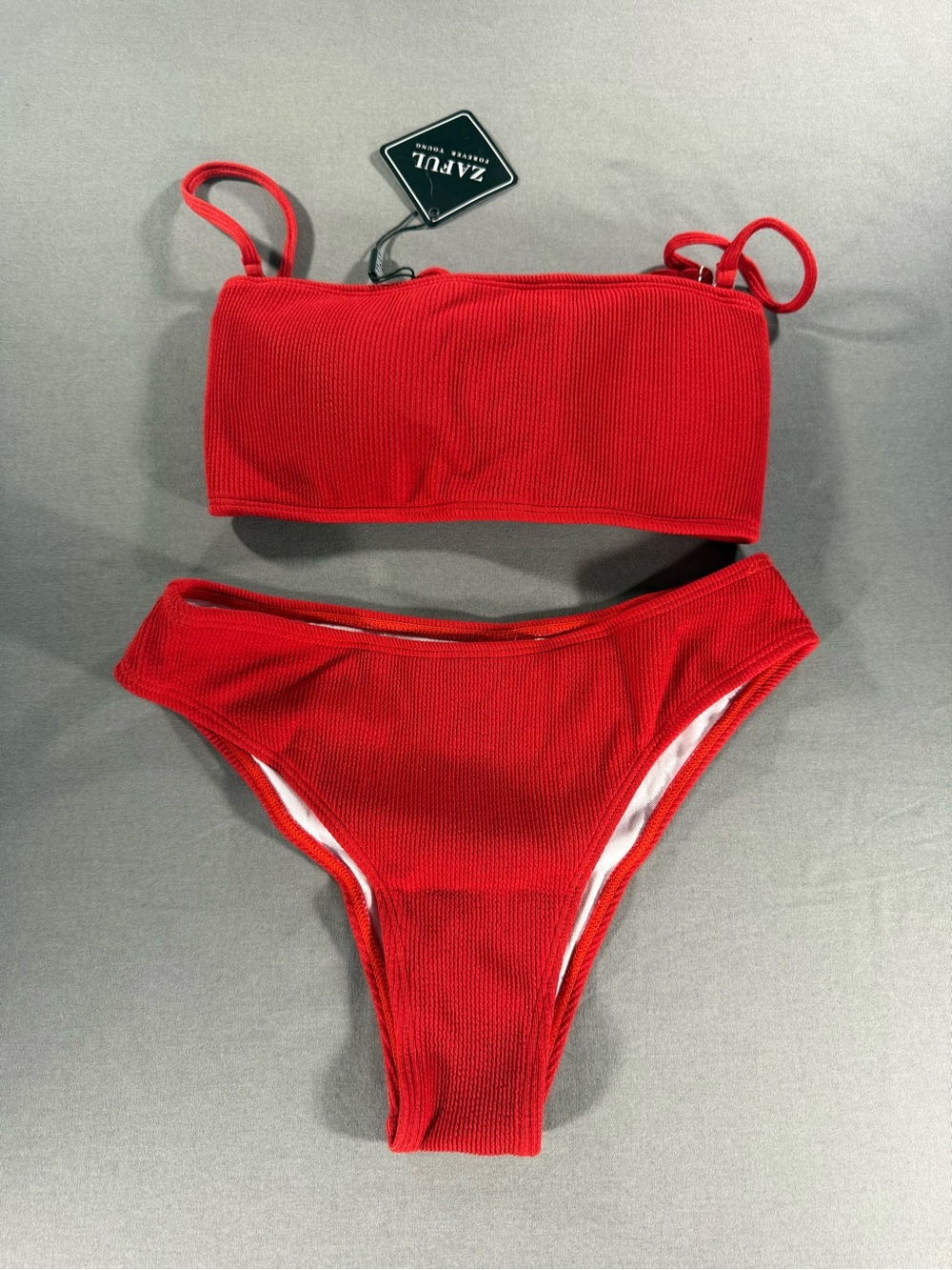 NWT ZAFUL Red Bandeau Bikini Strapless Ribbed High Cut Swimsuit Size S